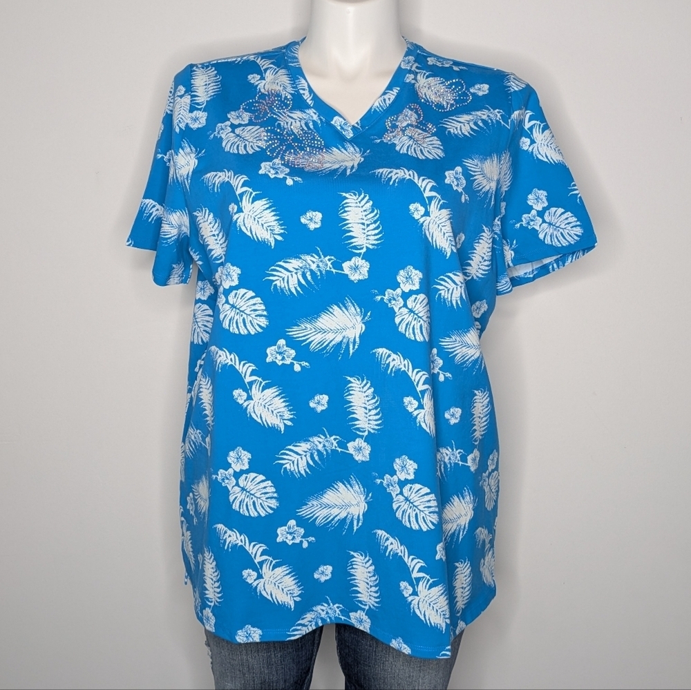 NWOR Quacker Factory Blue White Tropical Floral Palm Rhinestone T-shirt XL